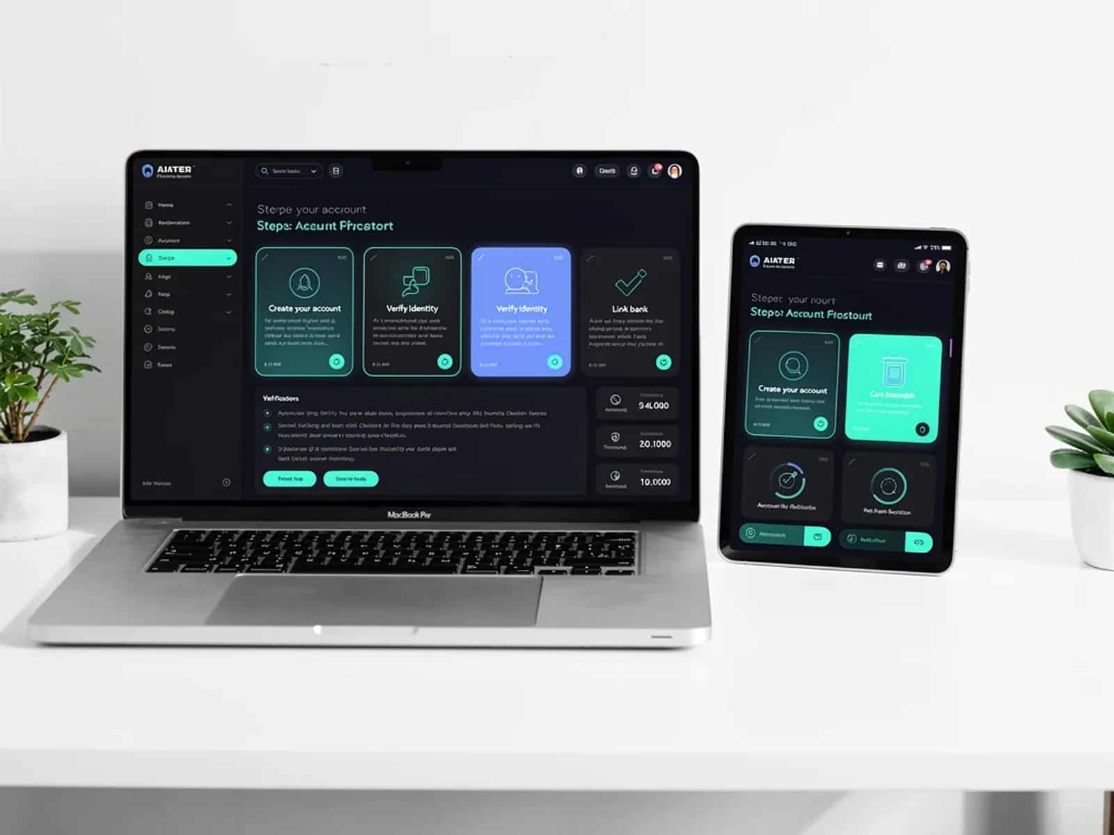 Atlas Finance onboarding flow displayed on laptop and tablet