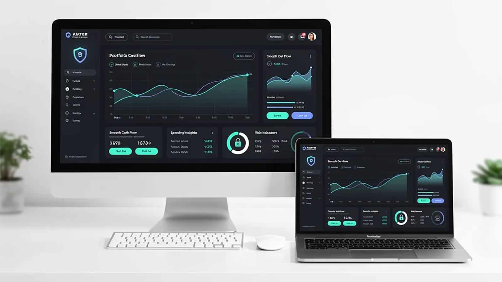 Atlas Finance dashboard displayed on desktop and laptop in a minimalist workspace
