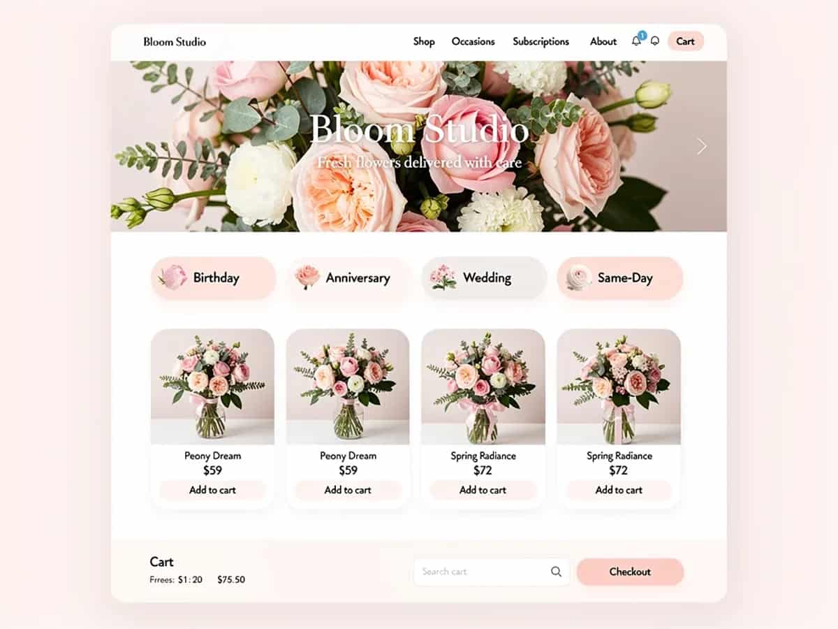 Bloom Studio homepage with floral categories and featured bouquets