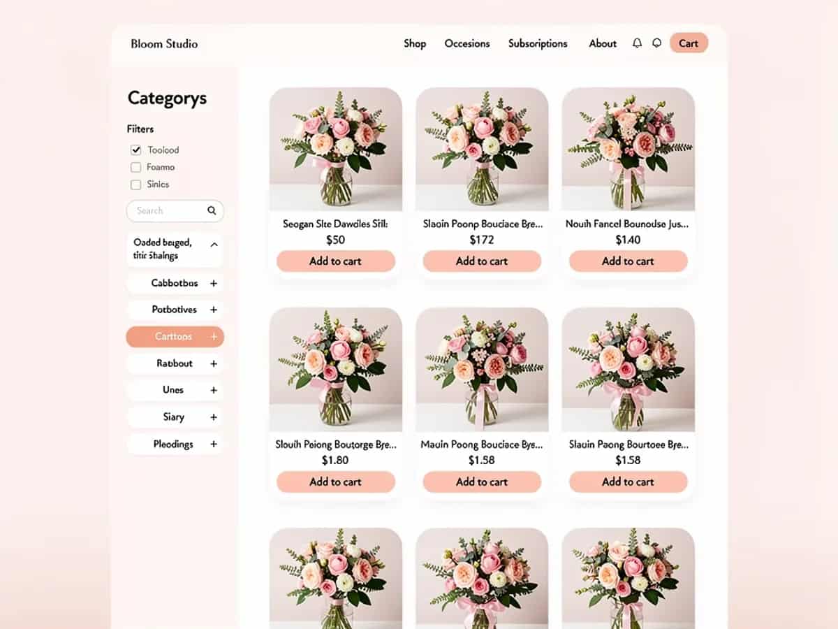 Bloom Studio product listing page with bouquet cards and quick add