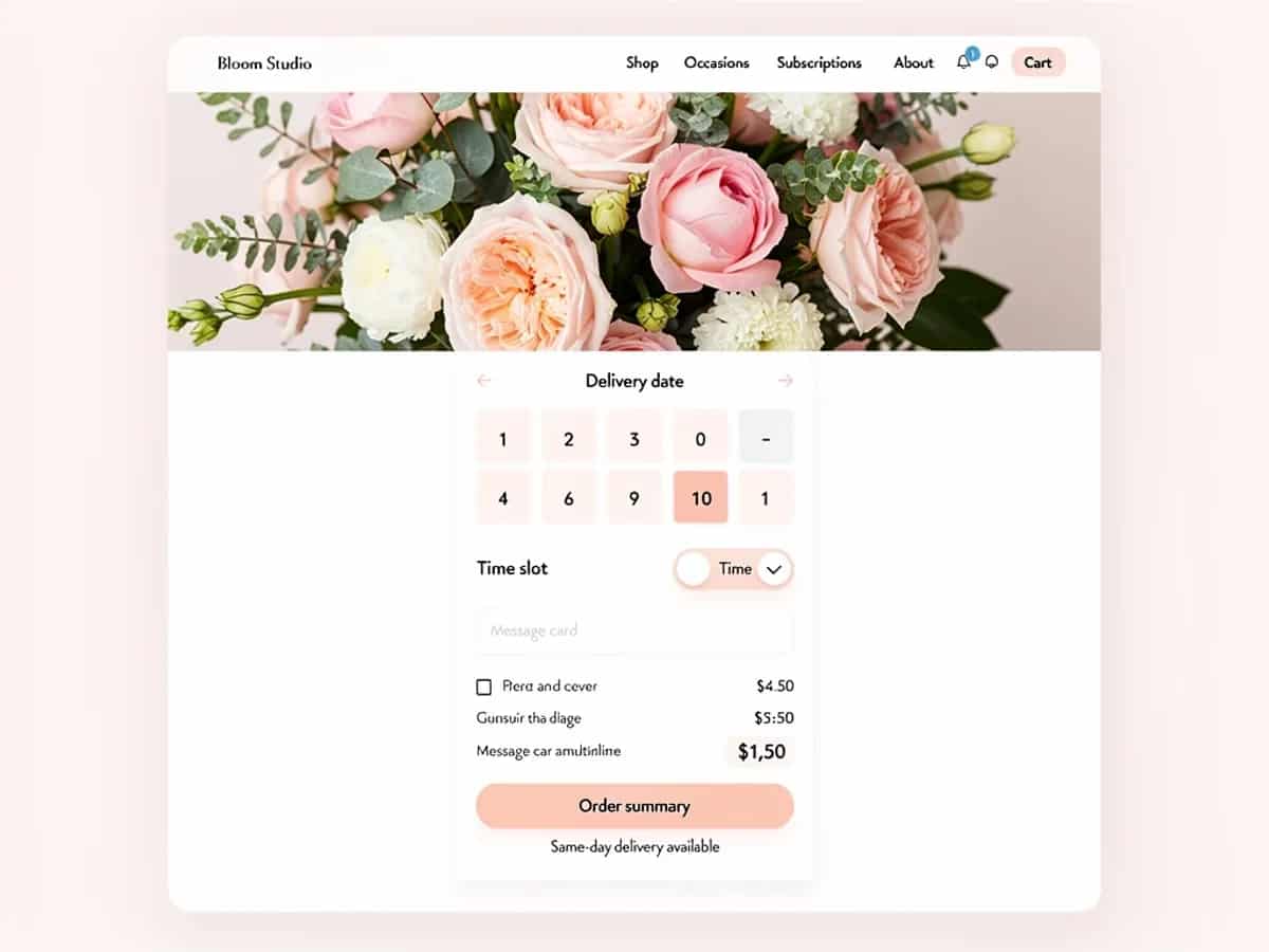 Bloom Studio checkout flow with delivery date and time slot