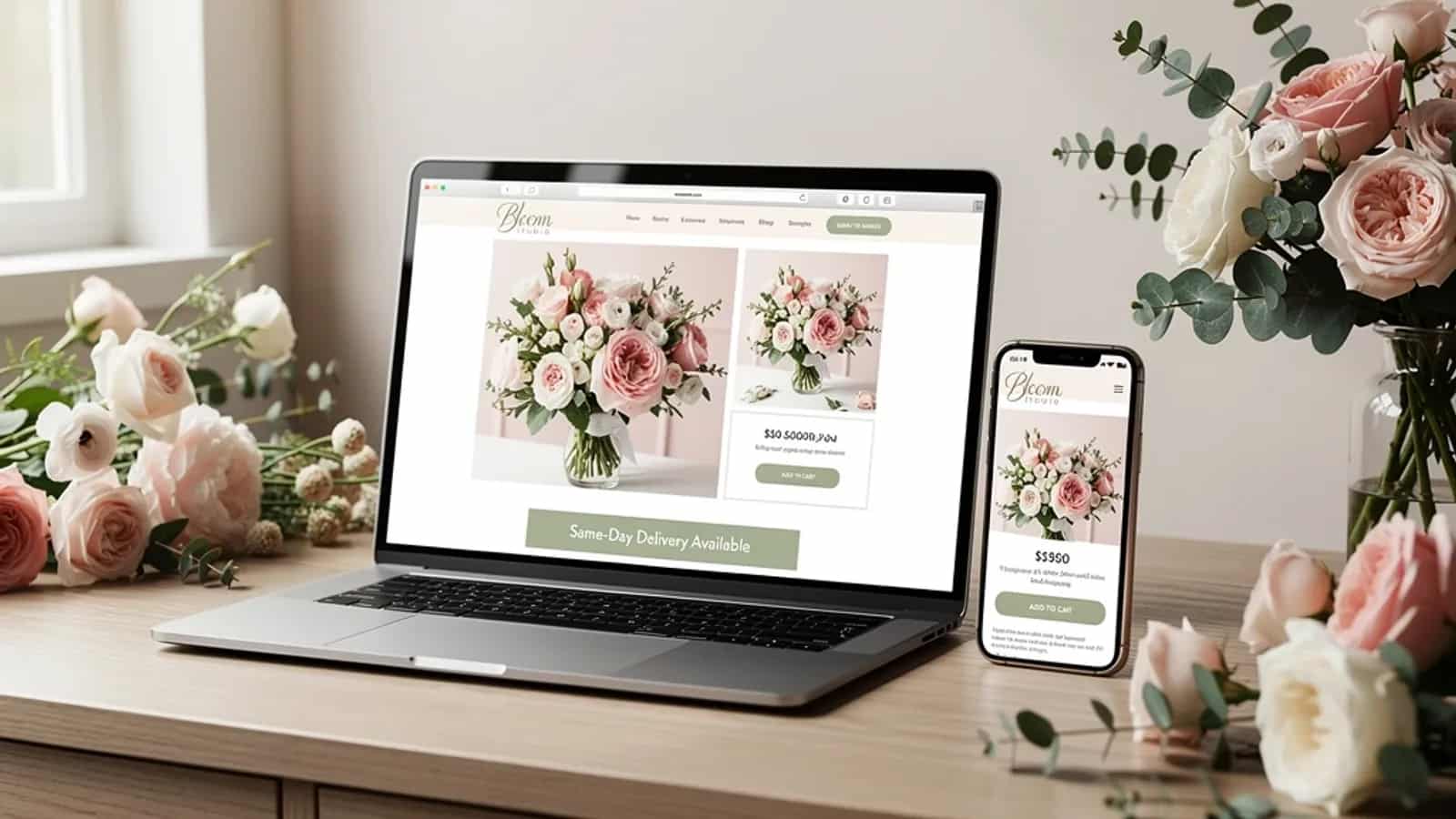 Bloom Studio ecommerce storefront shown on laptop and phone