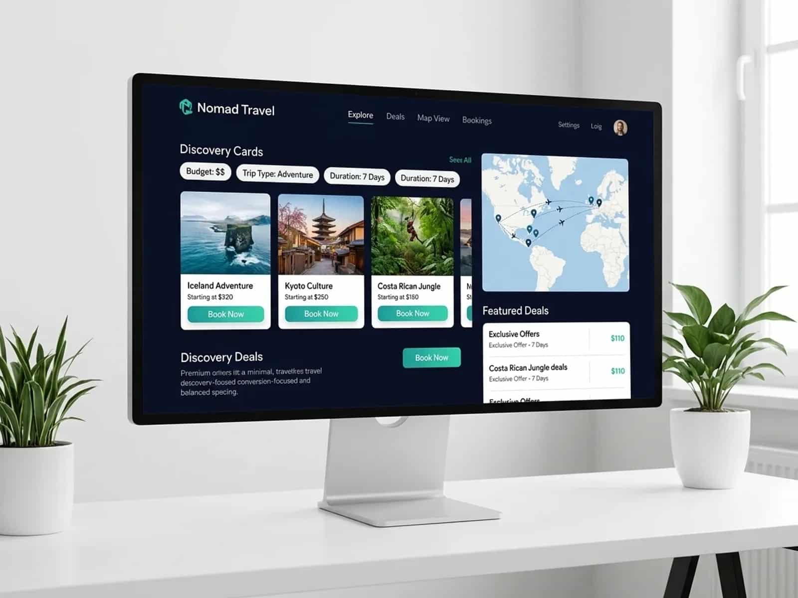 Nomad Travel discovery page with destination cards and map view