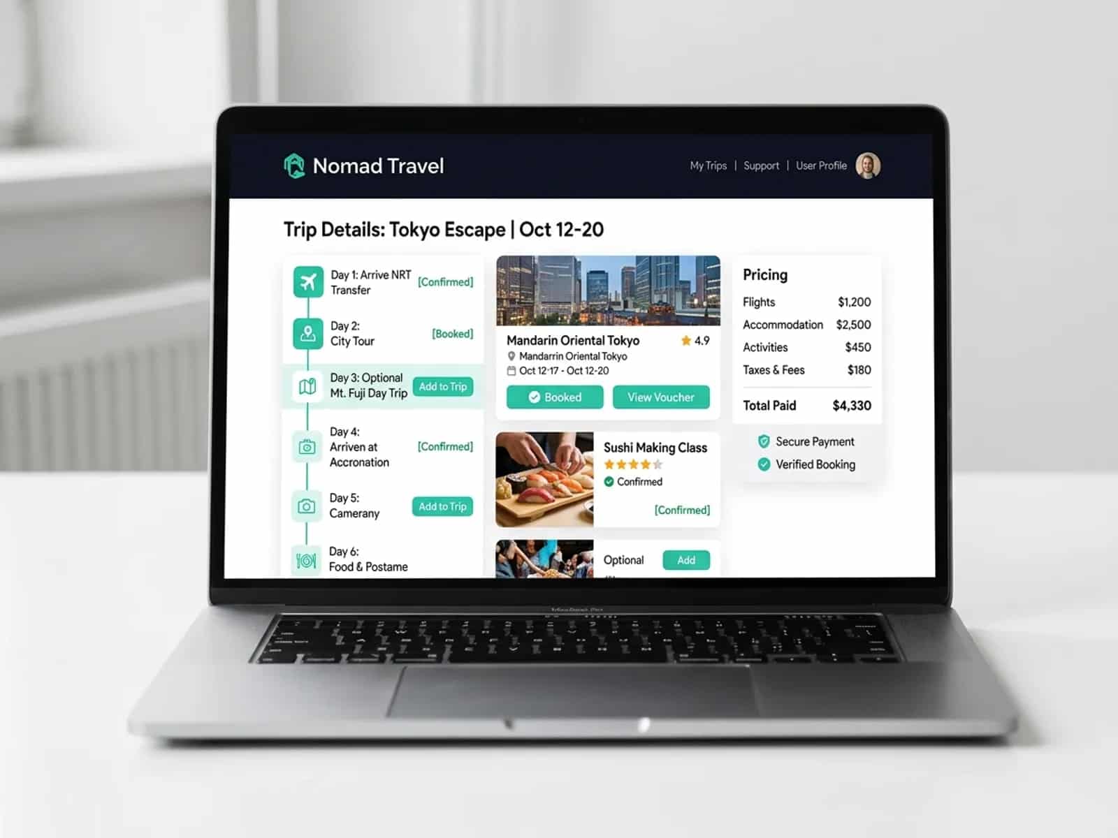 Nomad Travel trip details page with itinerary and pricing