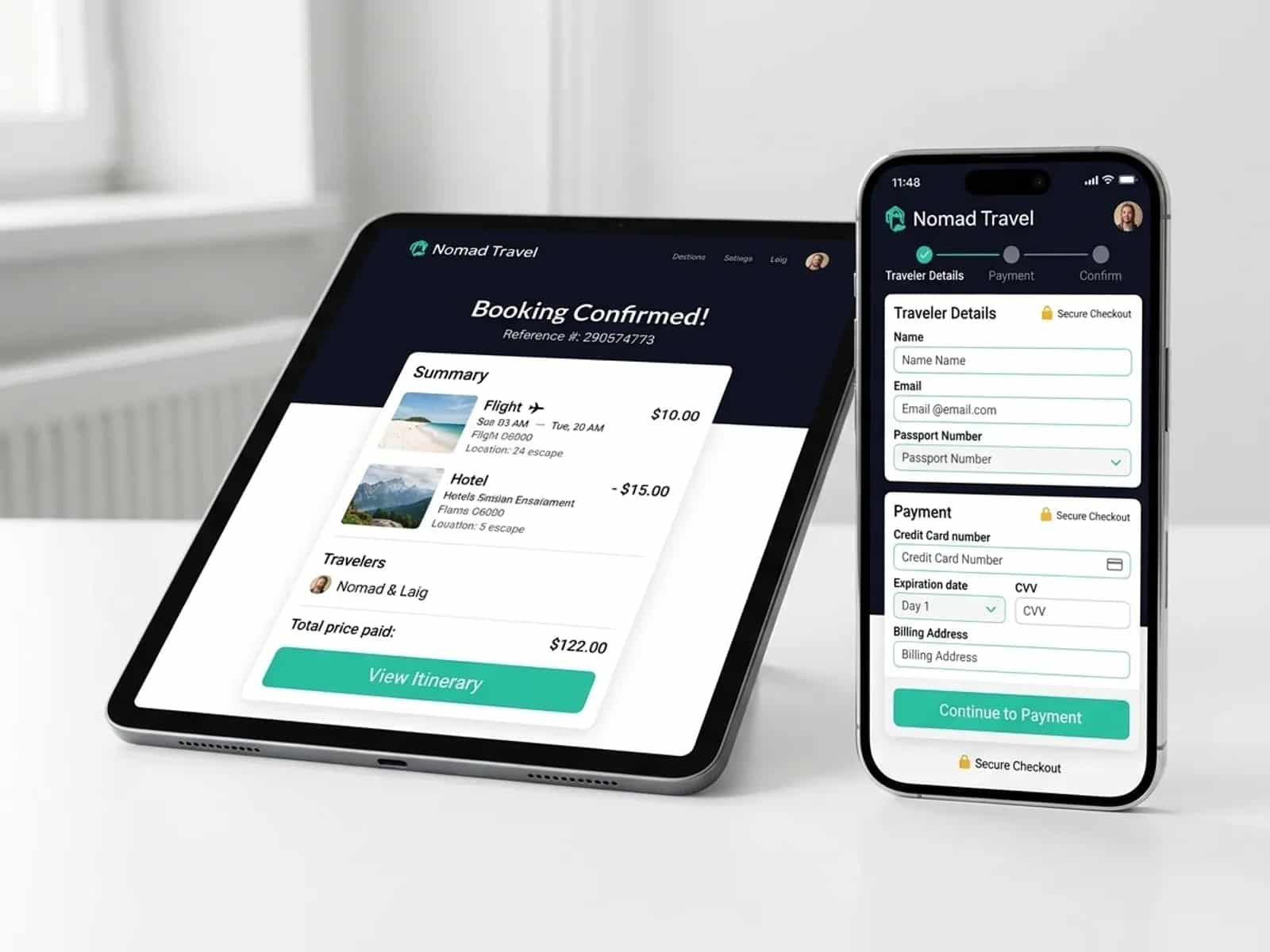 Nomad Travel mobile checkout flow on tablet and smartphone
