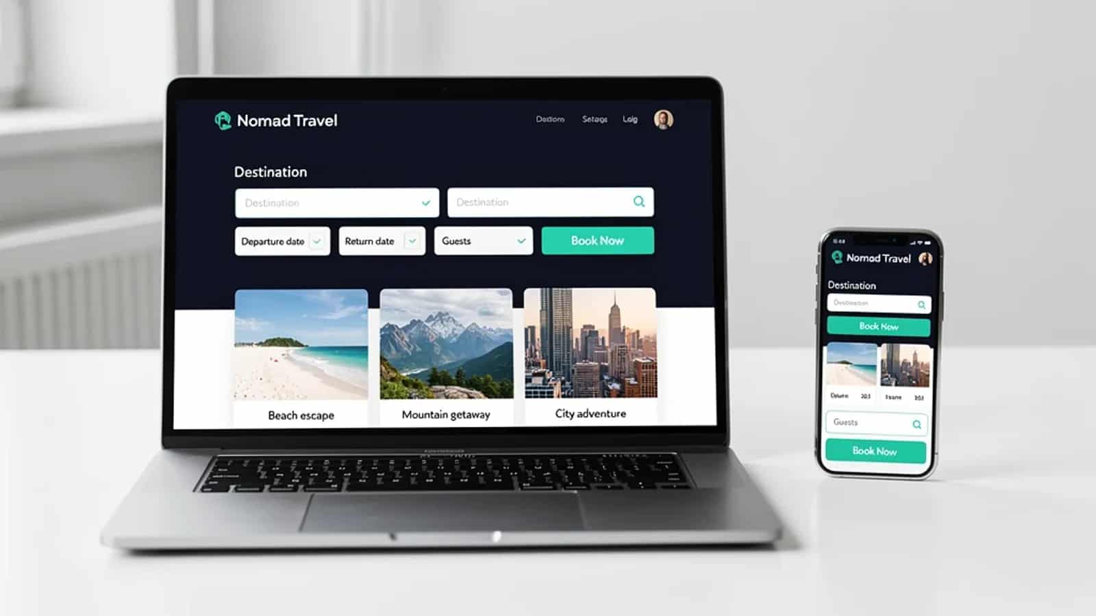 Nomad Travel booking interface shown on laptop and smartphone