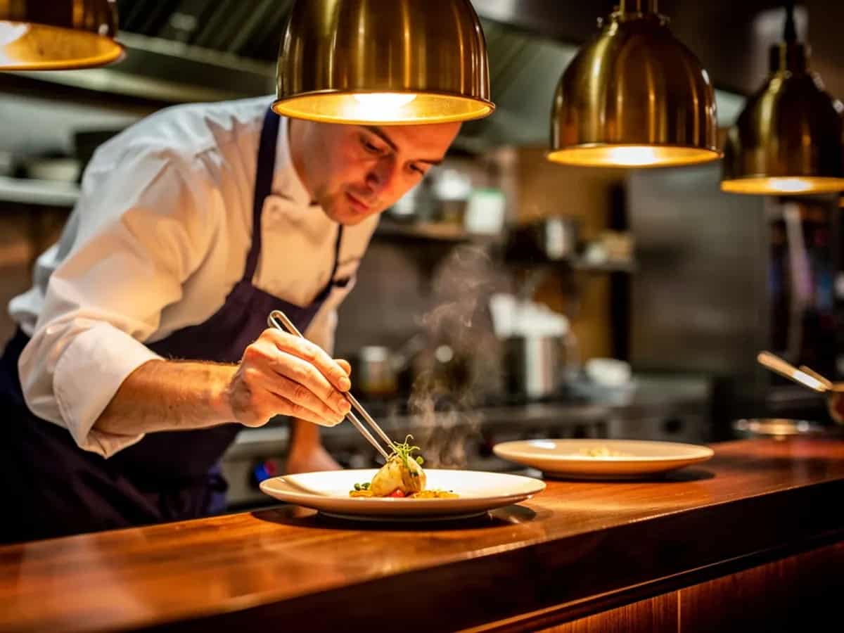 Chef plating a dish at the Savora Kitchen pass