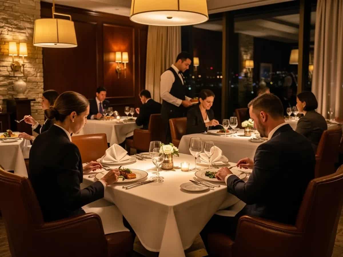 Dinner service ambiance with guests and table lighting