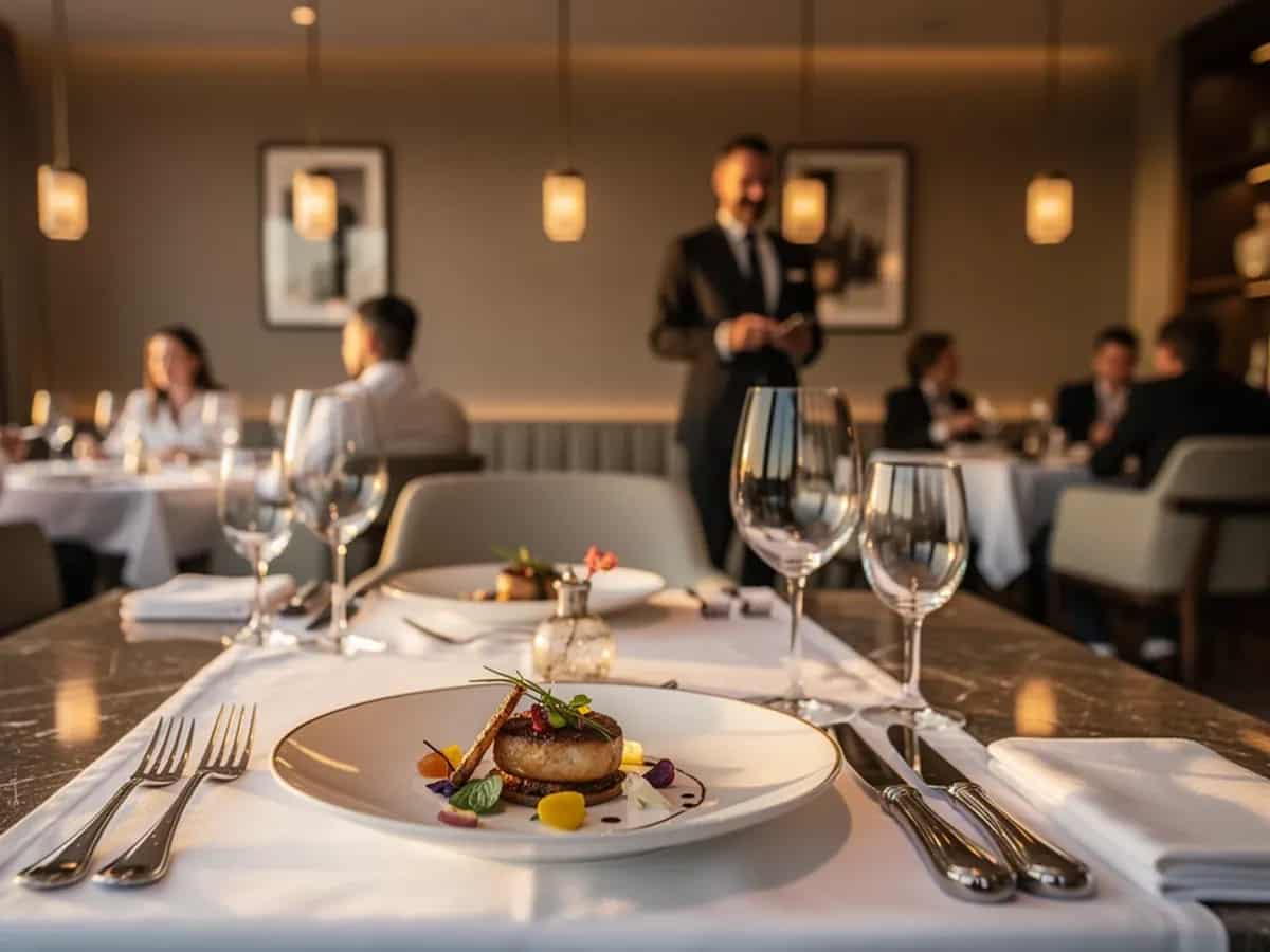Table setting and plated dish in Savora Kitchen dining room