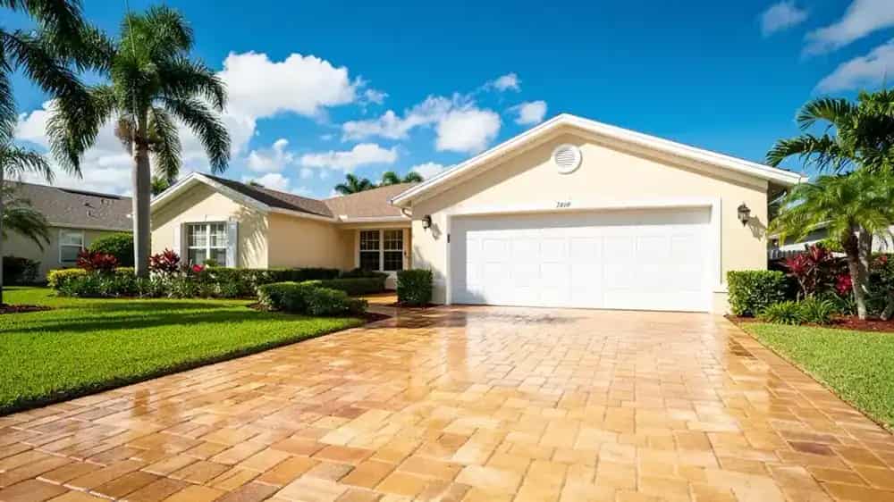 Paver driveway after pressure washing, clean and bright