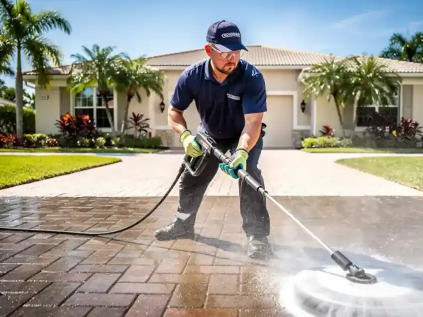 Technician pressure washing a paver driveway in front of a Florida home