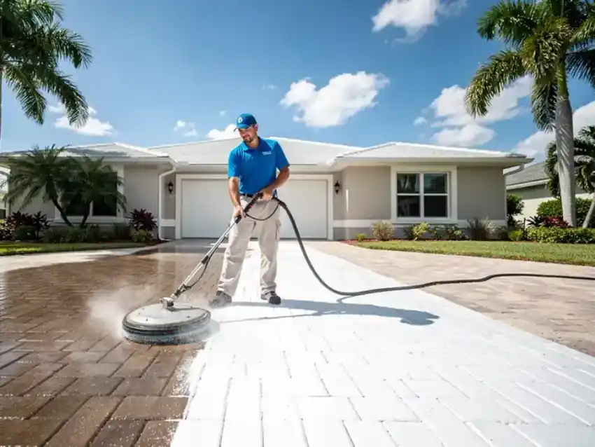 Close-up of pressure washer spray cleaning paver bricks