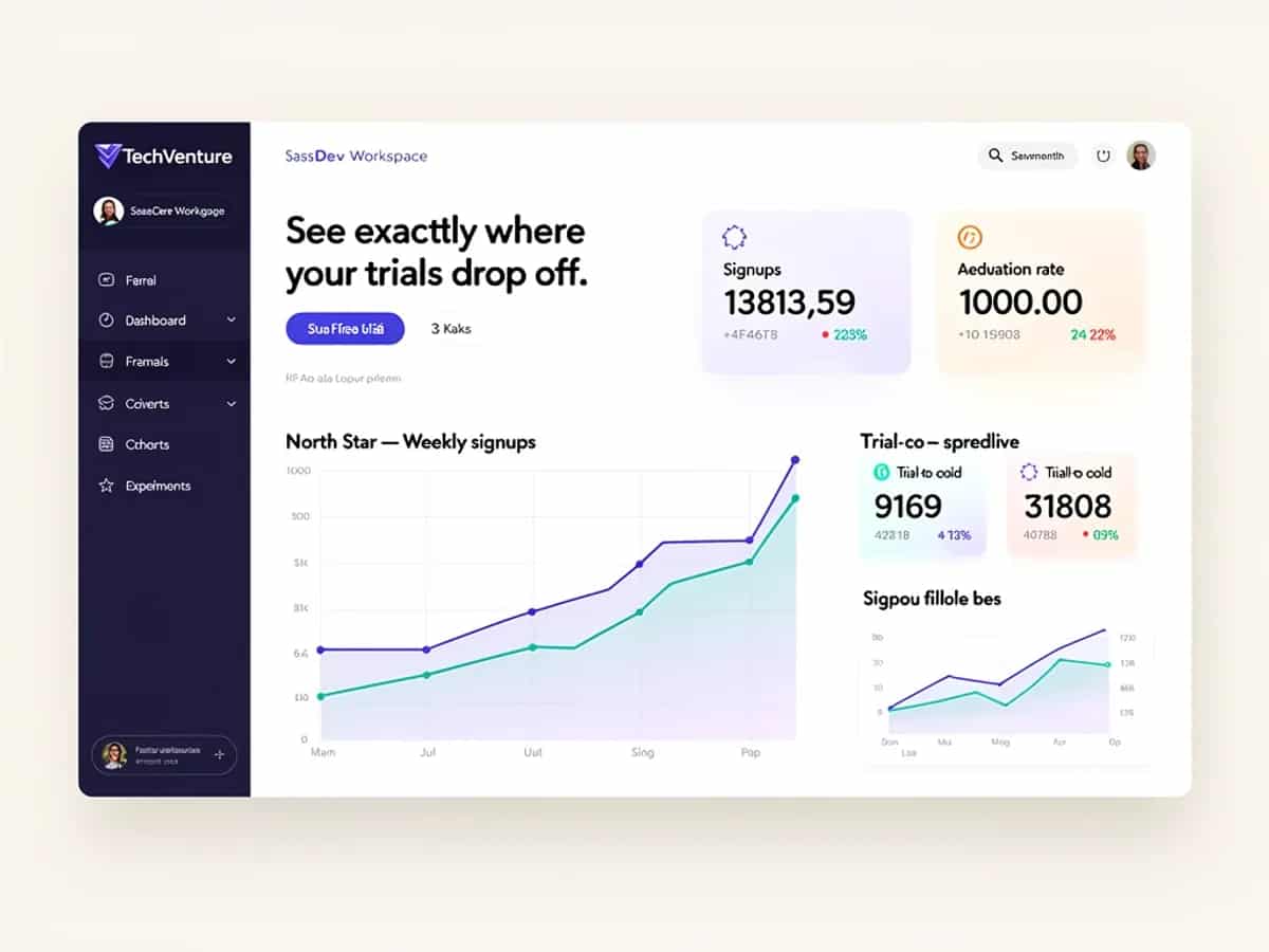 TechVenture dashboard with weekly signup chart and KPI cards