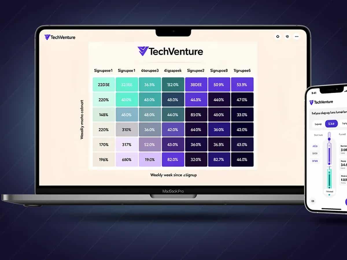 TechVenture cohort retention heatmap on a laptop