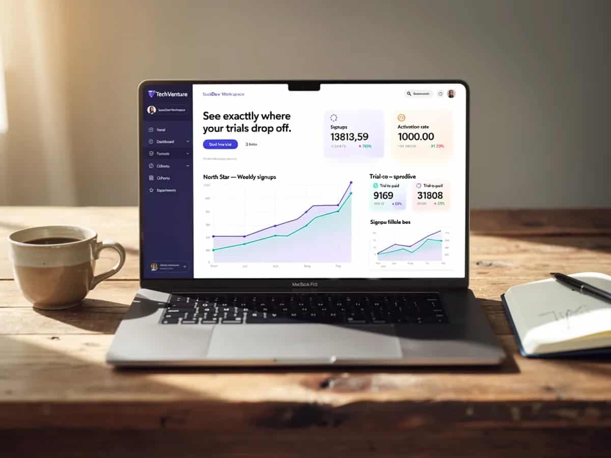 TechVenture dashboard open on a laptop at a workspace
